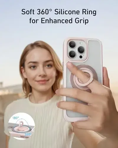 iPhone 15 Pro Max uchun Anker magnit halqali stendi, silikon barmoq halqasi ushlagichi, harbiy darajada sinovdan o'tgan, MagSafe bilan mos, o'rnatilgan tayanch, yumshoq qirrali barmoq izlariga qarshi, pushti - 3