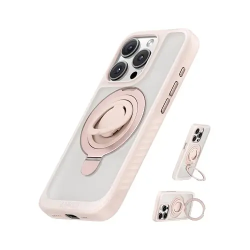 iPhone 15 Pro Max uchun Anker magnit halqali stendi, silikon barmoq halqasi ushlagichi, harbiy darajada sinovdan o'tgan, MagSafe bilan mos, o'rnatilgan tayanch, yumshoq qirrali barmoq izlariga qarshi, pushti 