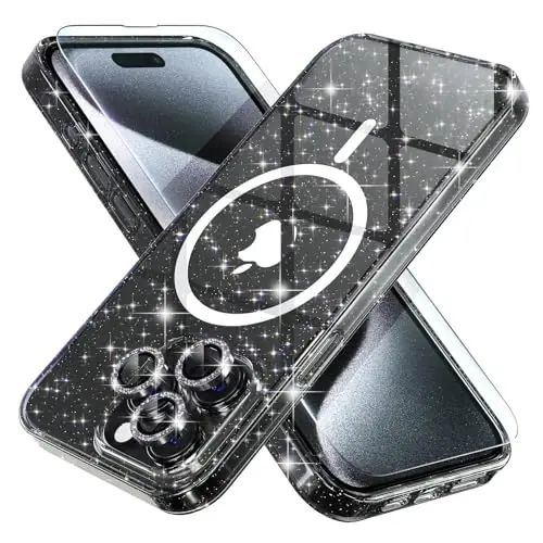 iPhone 15 Pro Max uchun Choiche magnitli g‘ilof, ayollar uchun tiniq yaltiroq va porloq g‘ilof, [3 ta olmosli kamera linzalari himoyasi] [2 ta temirlangan shisha ekran himoyasi] [MagSafe bilan mos] (Yaltiroq qora) - 7
