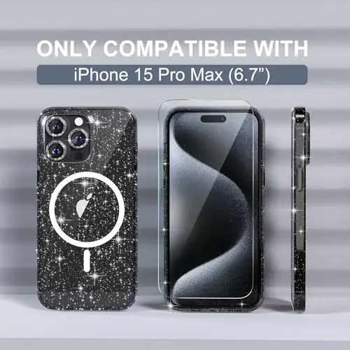 iPhone 15 Pro Max uchun Choiche magnitli g‘ilof, ayollar uchun tiniq yaltiroq va porloq g‘ilof, [3 ta olmosli kamera linzalari himoyasi] [2 ta temirlangan shisha ekran himoyasi] [MagSafe bilan mos] (Yaltiroq qora) - 2