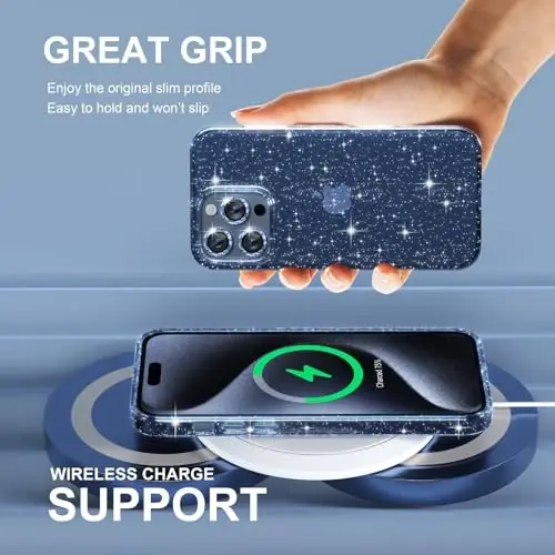 iPhone 15 Pro Max uchun Choiche mos keladigan ayollar telefon qutisi, chiroyli Bling yaltiroq, harbiy darajadagi himoya, 3 olmosli kamera linzalari qopqog'i, 2 закалённое oynali himoyachi, 6,7 dyuym (Glitter Blue) - 6