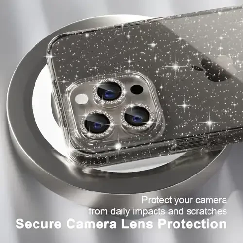 iPhone 15 Pro Max uchun Choiche mos keladigan ayollar telefon qutisi, jozibali yaltiroq, harbiy darajadagi himoya, 3 ta olmosli kamera linzalari qopqog'i, 2 ta закалённое oynali himoyachi, 6,7 dyuym (Yaltiroq kulrang) - 3