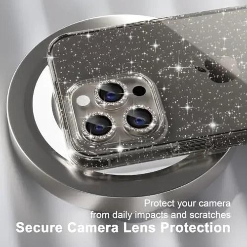 iPhone 15 Pro Max uchun Choiche mos keladigan ayollar telefon qutisi, jozibali yaltiroq, harbiy darajadagi himoya, 3 ta olmosli kamera linzalari qopqog'i, 2 ta закалённое oynali himoyachi, 6,7 dyuym (Yaltiroq kulrang) - 3