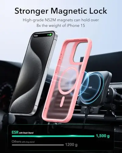 iPhone 15 Pro Max uchun ESR g'ilofi, MagSafe bilan mos, harbiy darajadagi himoya g'ilofi, o'rnatilgan yashirin stendli telefon g'ilofi, tirnalishga chidamli orqa qopqoq, klassik seriya, muzli pushti - 5