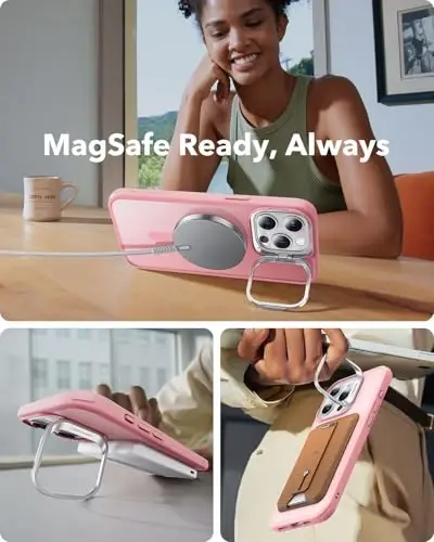 iPhone 15 Pro Max uchun ESR g'ilofi, MagSafe bilan mos, harbiy darajadagi himoya g'ilofi, o'rnatilgan yashirin stendli telefon g'ilofi, tirnalishga chidamli orqa qopqoq, klassik seriya, muzli pushti - 6