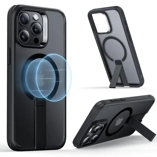 iPhone 15 Pro Max uchun ESR g'ilofi o'rnatilgan tirgak bilan, harbiy darajadagi zarbga chidamli himoya, to'liq sozlanishi mumkin bo'lgan magnit Flickstand telefon g'ilofi, MagSafe aksessuarlari bilan mos keladi, Boost seriyasi, muzli qora - 1