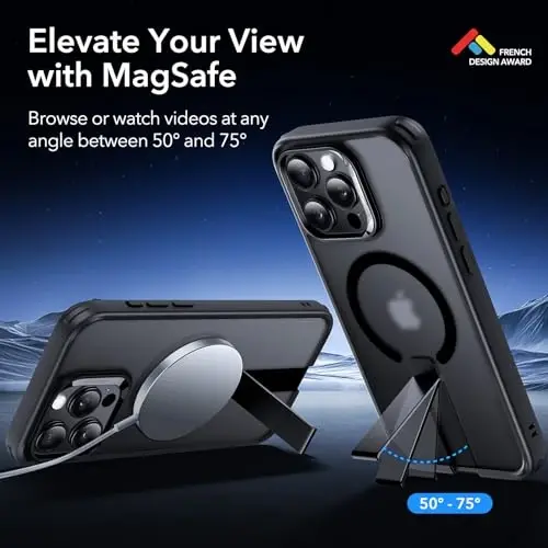 iPhone 15 Pro Max uchun ESR g'ilofi o'rnatilgan tirgak bilan, harbiy darajadagi zarbga chidamli himoya, to'liq sozlanishi mumkin bo'lgan magnit Flickstand telefon g'ilofi, MagSafe aksessuarlari bilan mos keladi, Boost seriyasi, muzli qora - 2