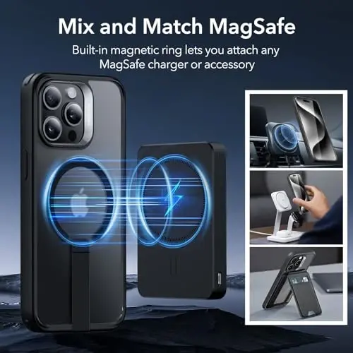 iPhone 15 Pro Max uchun ESR g'ilofi o'rnatilgan tirgak bilan, harbiy darajadagi zarbga chidamli himoya, to'liq sozlanishi mumkin bo'lgan magnit Flickstand telefon g'ilofi, MagSafe aksessuarlari bilan mos keladi, Boost seriyasi, muzli qora - 5