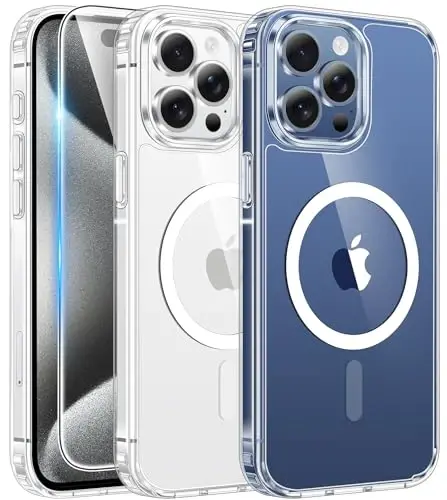 iPhone 15 Pro-Max uchun FNTCASE g‘ilofi: Magsafe bilan mos keladigan, ekran himoyachisiga ega shaffof magnitli g‘ilof, yupqa, sarg‘aymaydigan, zarbaga chidamli va mustahkam shaffof himoya korpusi (A-Clear) 