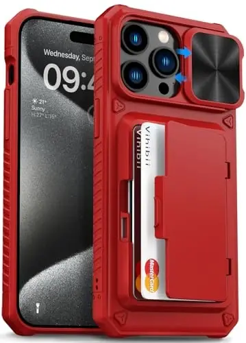 iPhone 15 Pro Max uchun kartalar uchun hamyonli Vihibii g'ilofi (4 ta karta) va siljituvchi linzali himoya qopqog'i va tayanchi va ko'tarilgan qirralar ekranni himoya qiladi, zarbaga chidamli mustahkam g'ilof iPhone 15 Pro Max 6,7