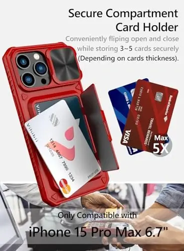 iPhone 15 Pro Max uchun kartalar uchun hamyonli Vihibii g'ilofi (4 ta karta) va siljituvchi linzali himoya qopqog'i va tayanchi va ko'tarilgan qirralar ekranni himoya qiladi, zarbaga chidamli mustahkam g'ilof iPhone 15 Pro Max 6,7