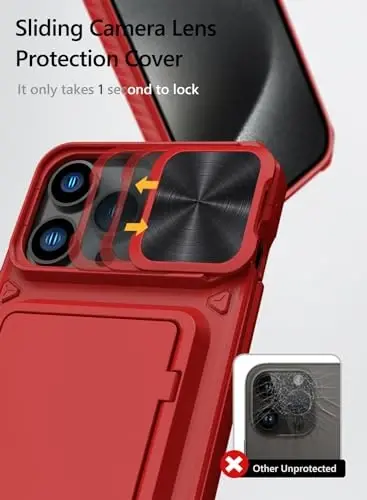 iPhone 15 Pro Max uchun kartalar uchun hamyonli Vihibii g'ilofi (4 ta karta) va siljituvchi linzali himoya qopqog'i va tayanchi va ko'tarilgan qirralar ekranni himoya qiladi, zarbaga chidamli mustahkam g'ilof iPhone 15 Pro Max 6,7