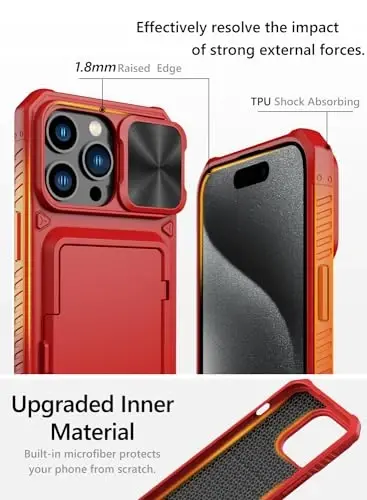 iPhone 15 Pro Max uchun kartalar uchun hamyonli Vihibii g'ilofi (4 ta karta) va siljituvchi linzali himoya qopqog'i va tayanchi va ko'tarilgan qirralar ekranni himoya qiladi, zarbaga chidamli mustahkam g'ilof iPhone 15 Pro Max 6,7