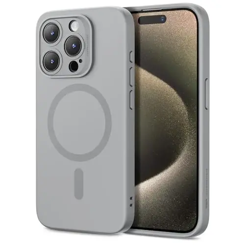 iPhone 15 Pro Max uchun MagSafe bilan ESR g‘ilofi, magnit zaryadlashni qo‘llab-quvvatlaydi, ingichka suyuq silikon g‘ilof, zarbani yutuvchi, ekran va kamera himoyasi, Cloud Series, kulrang - ESR