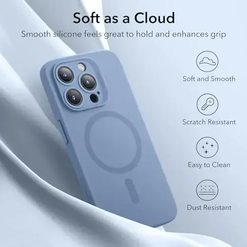 iPhone 15 Pro Max uchun MagSafe bilan ESR g'ilofi, magnit zaryadlashni qo'llab-quvvatlaydi, ingichka suyuq silikon g'ilof, zarbani yutuvchi, ekran va kamera himoyasi, Cloud Series, och ko'k - 6
