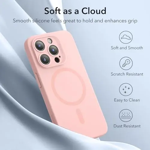 iPhone 15 Pro Max uchun MagSafe bilan ESR g'ilofi, magnit zaryadlashni qo'llab-quvvatlaydi, ingichka suyuq silikon g'ilof, zarbani yutuvchi, ekran va kamera himoyasi, Cloud Series, pushti - 6