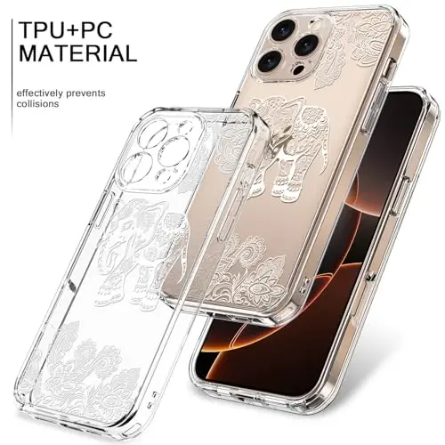 iPhone 15 Pro Max uchun mos keladigan bicol g'ilofi, qizlar va ayollar uchun moda naqshlari bilan bezatilgan shaffof kristalli akril, ingichka zarbaga chidamli himoya telefon qopqog'i 6,7 dyuym, chiroyli fil - 3