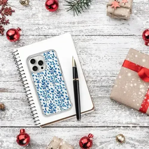 iPhone 15 Pro Max uchun mos keladigan bicol g'ilofi, qizlar va ayollar uchun moda naqshli kristalli akril shaffof, ingichka, zarbaga chidamli himoya telefon qopqog'i 6,7 dyuym, yoqimli ko'k barglar - 6