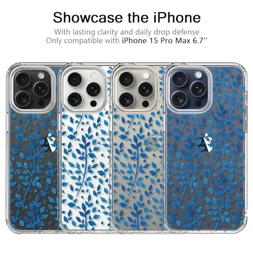 iPhone 15 Pro Max uchun mos keladigan bicol g'ilofi, qizlar va ayollar uchun moda naqshli kristalli akril shaffof, ingichka, zarbaga chidamli himoya telefon qopqog'i 6,7 dyuym, yoqimli ko'k barglar - 3