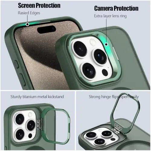 iPhone 15 Pro Max uchun Nvollnoe g‘ilofi MagSafe bilan mos keladi, Harbiy darajada zarbga chidamli, Og'ir himoya, Sozlanuvchi stend, Matoviy yarim shaffof (To'q yashil) - 3