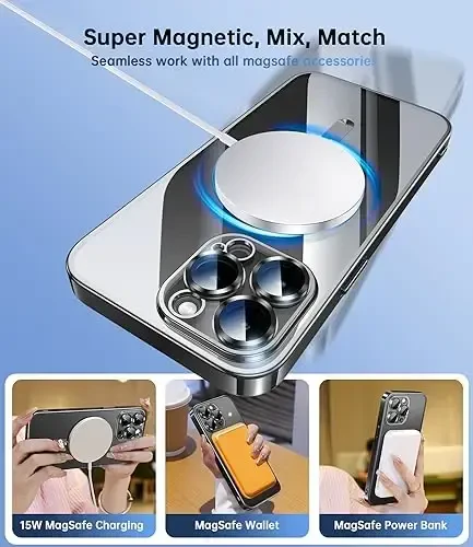 iPhone 15 Pro Max uchun oʻrnatilgan kamera linzalarini himoya qiluvchi Waldeng gʻilofi, [Magsafe bilan uzluksiz ishlaydi] [Metall yaltiroq yumshoq bamper], iPhone 15 ProMax uchun olmosli tiniq zamonaviy gʻilof, qora titanium - 5