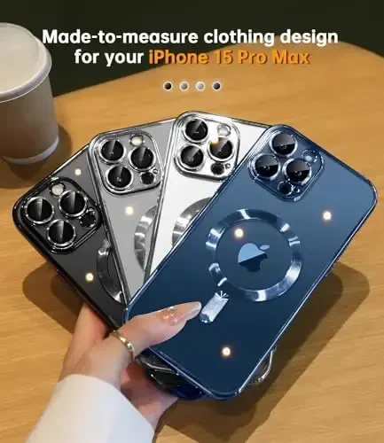 iPhone 15 Pro Max uchun oʻrnatilgan kamera linzalarini himoya qiluvchi Waldeng gʻilofi, [Magsafe bilan uzluksiz ishlaydi] [Metall yaltiroq yumshoq bamper], iPhone 15 ProMax uchun olmosli tiniq zamonaviy gʻilof, qora titanium - 6