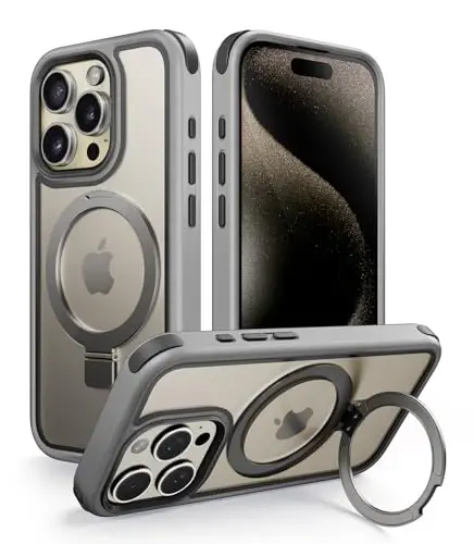 iPhone 15 Pro Max uchun stendli Mobnano g‘ilofi, MagSafe bilan mos, tiniq orqa, harbiy darajadagi himoya, magnit halqali ushlagichli himoya bamperlari, sarg‘aymaydigan tirgakli g‘ilof - Qora 