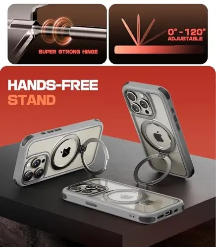 iPhone 15 Pro Max uchun stendli Mobnano g‘ilofi, MagSafe bilan mos, tiniq orqa, harbiy darajadagi himoya, magnit halqali ushlagichli himoya bamperlari, sarg‘aymaydigan tirgakli g‘ilof - Qora - 2