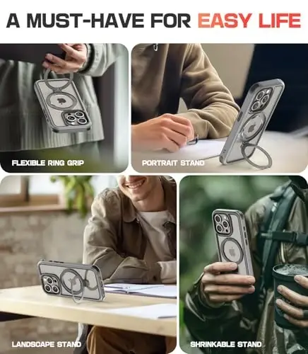 iPhone 15 Pro Max uchun stendli Mobnano g‘ilofi, MagSafe bilan mos, tiniq orqa, harbiy darajadagi himoya, magnit halqali ushlagichli himoya bamperlari, sarg‘aymaydigan tirgakli g‘ilof - Qora - 7