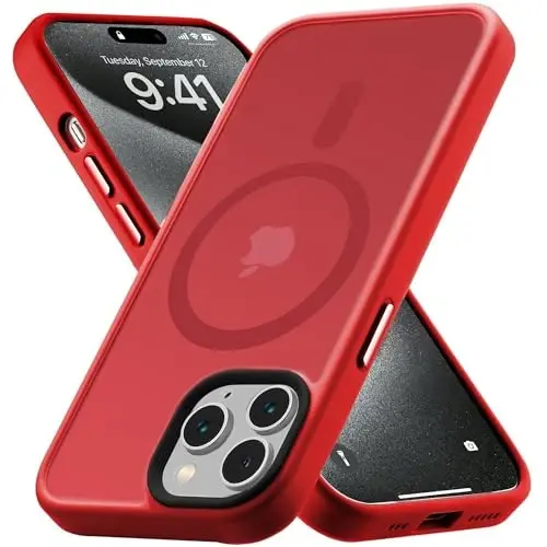iPhone 15 Pro Max uchun Tigowos g'ilofi, MagSafe bilan mos, 10FT balandlikdan tushishga chidamli, mat, qo'lga yoqimli, zarbaga qarshi orqa panel, iPhone 15 Pro Max telefonlari uchun, Qizil 