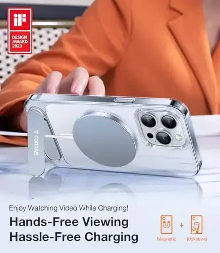 iPhone 15 Pro Max uchun TORRAS g'ilofi Olmos tiniq | Kuchli magnit va uzluksiz stend, MagSafe uchun mos, Harbiy darajadagi tushishdan himoya, Mustahkam sozlanishi o'rnatilgan tayanch, Yupqa sarg'ayishga qarshi - 2