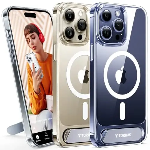 iPhone 15 Pro Max uchun TORRAS g'ilofi Olmos tiniq | Kuchli magnit va uzluksiz stend, MagSafe uchun mos, Harbiy darajadagi tushishdan himoya, Mustahkam sozlanishi o'rnatilgan tayanch, Yupqa sarg'ayishga qarshi - 1