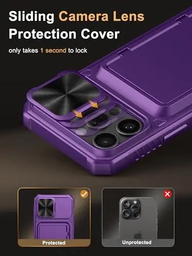 iPhone 15 Pro Max uchun Vihibii hamyonli g‘ilofi (4 ta kartali) va suriluvchi kamera qopqog‘i va tayanchi, ko‘tarilgan qirralari ekranni himoya qiladi, iPhone 15 Pro Max uchun mustahkam qattiq orqa qopqoq, 6,7