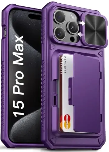iPhone 15 Pro Max uchun Vihibii hamyonli g‘ilofi (4 ta kartali) va suriluvchi kamera qopqog‘i va tayanchi, ko‘tarilgan qirralari ekranni himoya qiladi, iPhone 15 Pro Max uchun mustahkam qattiq orqa qopqoq, 6,7