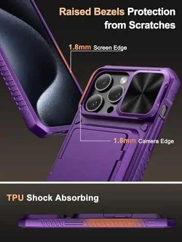 iPhone 15 Pro Max uchun Vihibii hamyonli g‘ilofi (4 ta kartali) va suriluvchi kamera qopqog‘i va tayanchi, ko‘tarilgan qirralari ekranni himoya qiladi, iPhone 15 Pro Max uchun mustahkam qattiq orqa qopqoq, 6,7