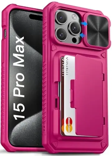 iPhone 15 Pro Max uchun Vihibii hamyonli g‘ilofi karta ushlagich (4 ta karta) va suriluvchi kamera qopqog‘i va tayanchi bilan, ko‘tarilgan qirralari ekranni himoya qiladi, iPhone 15 Pro Max uchun mustahkam qattiq orqa qopqoq, 5G 6.7