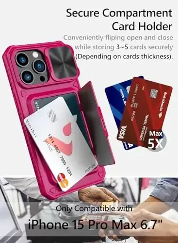 iPhone 15 Pro Max uchun Vihibii hamyonli g‘ilofi karta ushlagich (4 ta karta) va suriluvchi kamera qopqog‘i va tayanchi bilan, ko‘tarilgan qirralari ekranni himoya qiladi, iPhone 15 Pro Max uchun mustahkam qattiq orqa qopqoq, 5G 6.7