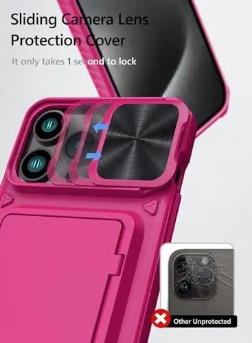 iPhone 15 Pro Max uchun Vihibii hamyonli g‘ilofi karta ushlagich (4 ta karta) va suriluvchi kamera qopqog‘i va tayanchi bilan, ko‘tarilgan qirralari ekranni himoya qiladi, iPhone 15 Pro Max uchun mustahkam qattiq orqa qopqoq, 5G 6.7