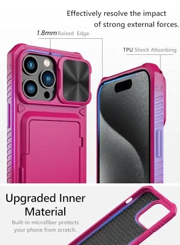 iPhone 15 Pro Max uchun Vihibii hamyonli g‘ilofi karta ushlagich (4 ta karta) va suriluvchi kamera qopqog‘i va tayanchi bilan, ko‘tarilgan qirralari ekranni himoya qiladi, iPhone 15 Pro Max uchun mustahkam qattiq orqa qopqoq, 5G 6.7