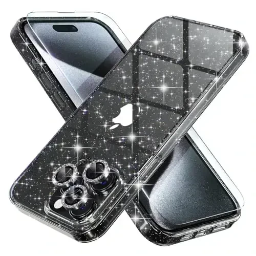 iPhone 15 Pro uchun Choiche mos keladigan ayollar telefon qutisi, chiroyli yaltiroq, harbiy darajadagi tushishdan himoya, 3 ta olmosli kamera linzalari qopqog'i, 2 ta temperli shisha himoyachisi, 6,1 dyuym (Glitter Black) - CHOICHE