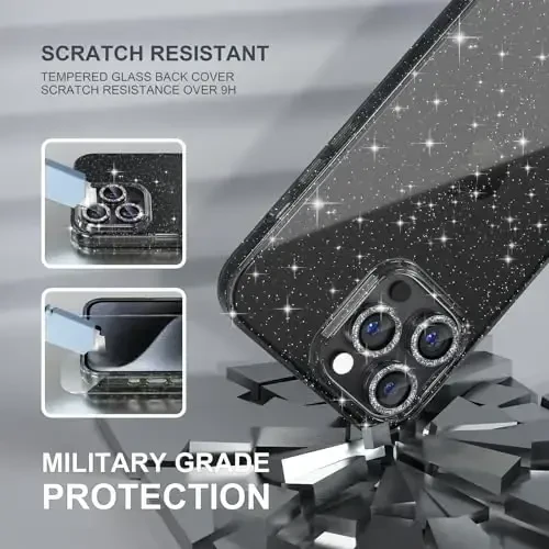 iPhone 15 Pro uchun Choiche mos keladigan ayollar telefon qutisi, chiroyli yaltiroq, harbiy darajadagi tushishdan himoya, 3 ta olmosli kamera linzalari qopqog'i, 2 ta temperli shisha himoyachisi, 6,1 dyuym (Glitter Black) - 5