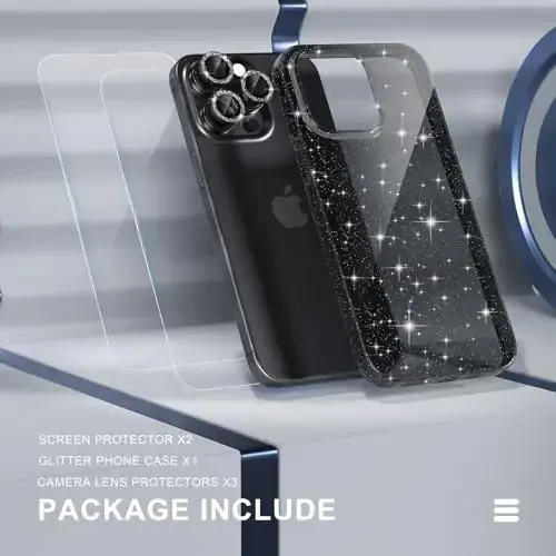 iPhone 15 Pro uchun Choiche mos keladigan ayollar telefon qutisi, chiroyli yaltiroq, harbiy darajadagi tushishdan himoya, 3 ta olmosli kamera linzalari qopqog'i, 2 ta temperli shisha himoyachisi, 6,1 dyuym (Glitter Black) - 7
