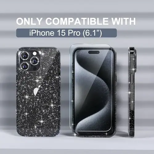iPhone 15 Pro uchun Choiche mos keladigan ayollar telefon qutisi, chiroyli yaltiroq, harbiy darajadagi tushishdan himoya, 3 ta olmosli kamera linzalari qopqog'i, 2 ta temperli shisha himoyachisi, 6,1 dyuym (Glitter Black) - 2