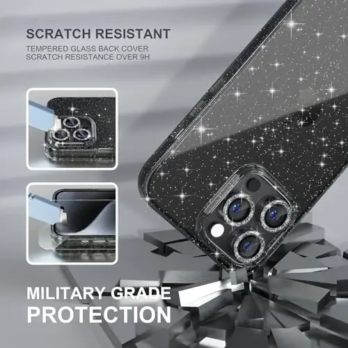 iPhone 15 Pro uchun Choiche mos keladigan ayollar telefon qutisi, chiroyli yaltiroq, harbiy darajadagi tushishdan himoya, 3 ta olmosli kamera linzalari qopqog'i, 2 ta temperli shisha himoyachisi, 6,1 dyuym (Glitter Black) - 5