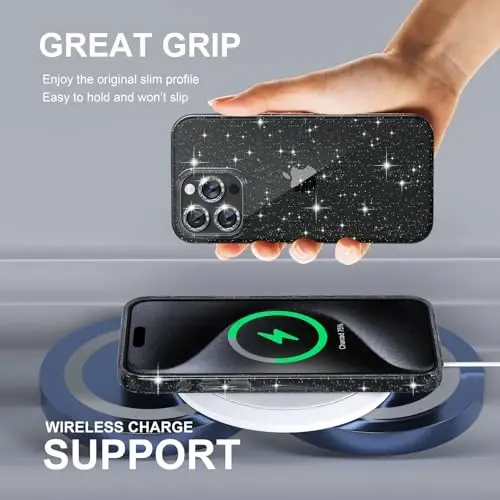 iPhone 15 Pro uchun Choiche mos keladigan ayollar telefon qutisi, chiroyli yaltiroq, harbiy darajadagi tushishdan himoya, 3 ta olmosli kamera linzalari qopqog'i, 2 ta temperli shisha himoyachisi, 6,1 dyuym (Glitter Black) - 6