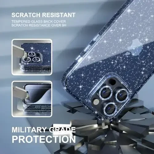 iPhone 15 Pro uchun Choiche mos keladigan ayollar telefon qutisi, yoqimli yaltiroq, harbiy darajadagi tushishdan himoya, 3 ta olmosli kamera linzalari qopqog'i, 2 ta temperli shisha himoyachisi, 6,1 dyuym (yaltiroq ko'k) - 5