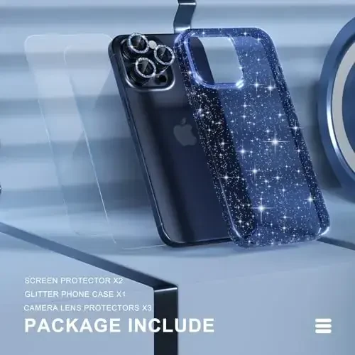 iPhone 15 Pro uchun Choiche mos keladigan ayollar telefon qutisi, yoqimli yaltiroq, harbiy darajadagi tushishdan himoya, 3 ta olmosli kamera linzalari qopqog'i, 2 ta temperli shisha himoyachisi, 6,1 dyuym (yaltiroq ko'k) - 7