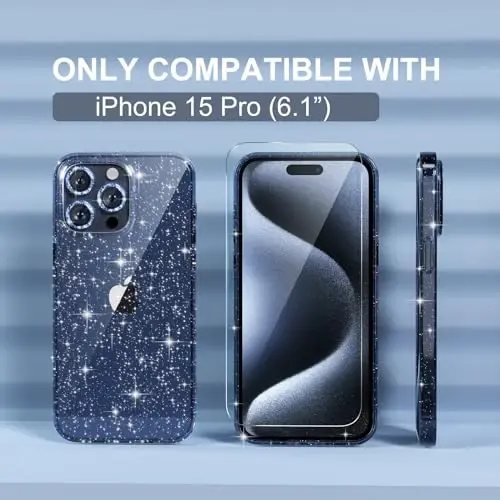 iPhone 15 Pro uchun Choiche mos keladigan ayollar telefon qutisi, yoqimli yaltiroq, harbiy darajadagi tushishdan himoya, 3 ta olmosli kamera linzalari qopqog'i, 2 ta temperli shisha himoyachisi, 6,1 dyuym (yaltiroq ko'k) - 2