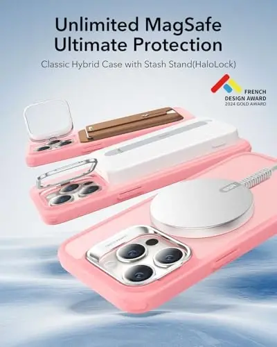 iPhone 15 Pro uchun ESR g'ilofi, MagSafe bilan mos, harbiy darajadagi himoya g'ilofi, o'rnatilgan Stash Stand telefon g'ilofi, tirnalishga chidamli orqa qopqoq, klassik seriya, muzli pushti - 3