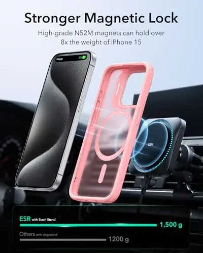 iPhone 15 Pro uchun ESR g'ilofi, MagSafe bilan mos, harbiy darajadagi himoya g'ilofi, o'rnatilgan Stash Stand telefon g'ilofi, tirnalishga chidamli orqa qopqoq, klassik seriya, muzli pushti - 5
